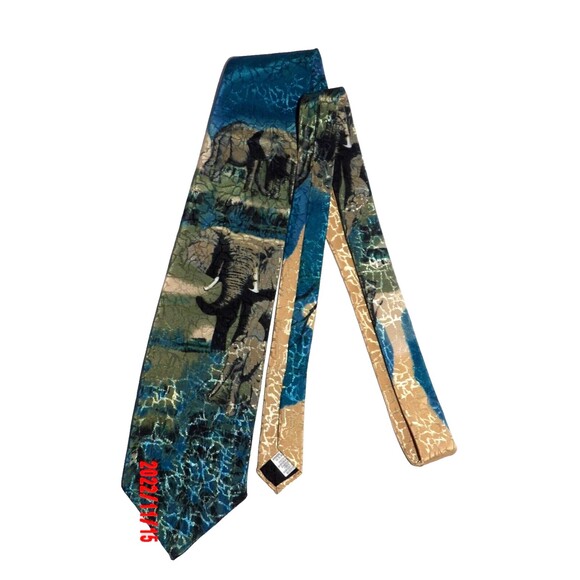 Lost Kingdom Elephant Necktie Blue Gold Green Gray Pattern Super Cool - Picture 1 of 3
